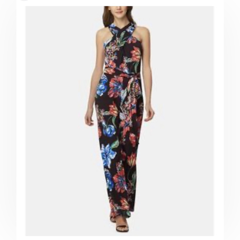 Tahari Arthur S Levine Black Floral Romper Sleeveless with Pink Flowers Size 10